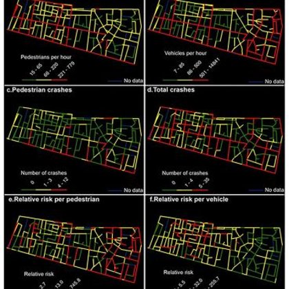 The spatial patterns of trafﬁc volumes, crashes, and relative crash risks