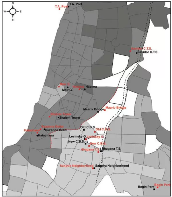 Sites as obtained by directional estimations (red) with their actual location (black)