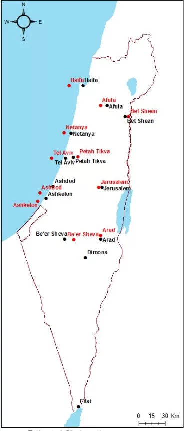 Cities as obtained by directional estimations (red) with their actual location (black)