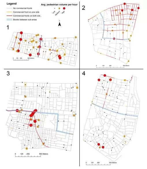 Observed pedestrian movement volume and commercial land use distribution
