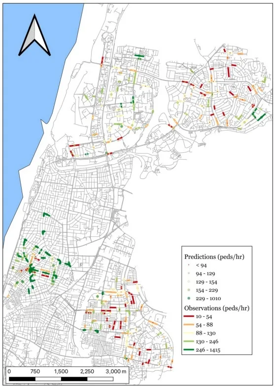 Study areas and pedestrian flow observations overlaying the TLV segment map.