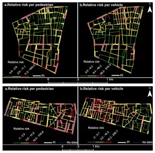 The spatial patterns of hazardous locations (PI) and relative crash risks